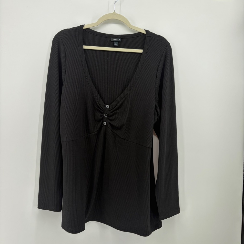 Torrid Womens 2 Black Ribbed Knit Top V-Neck Button Front Long Sleeve Babydoll